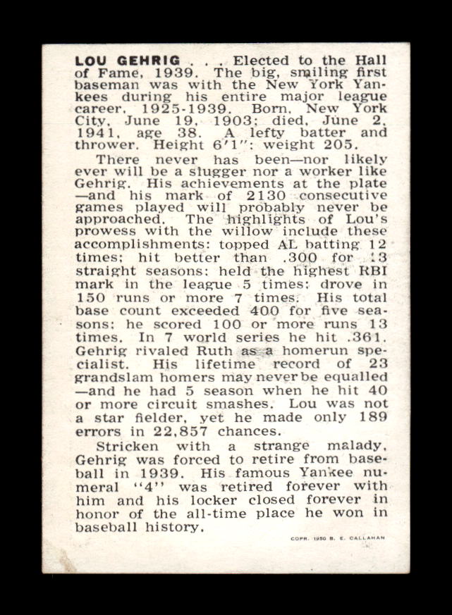 1950-56 Callahan Hall of Fame #NNO Lou Gehrig Excellent HOF-10002162