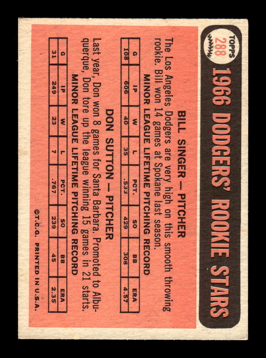 1966 Topps #288 Dodgers 1966 Rookie Stars Singer Sutton RC Ex HOF-10002243