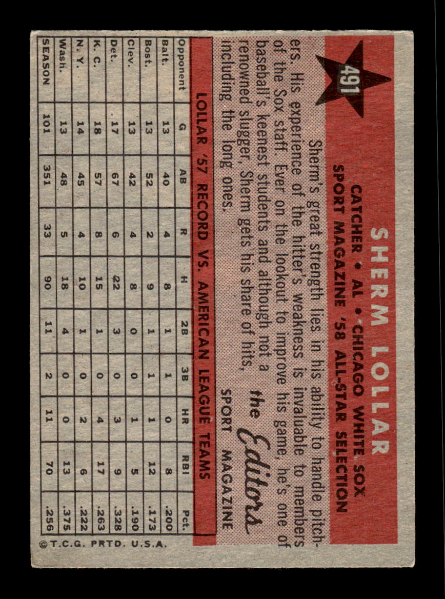 1958 Topps #491 Sherm Lollar Very Good HOF-10002265