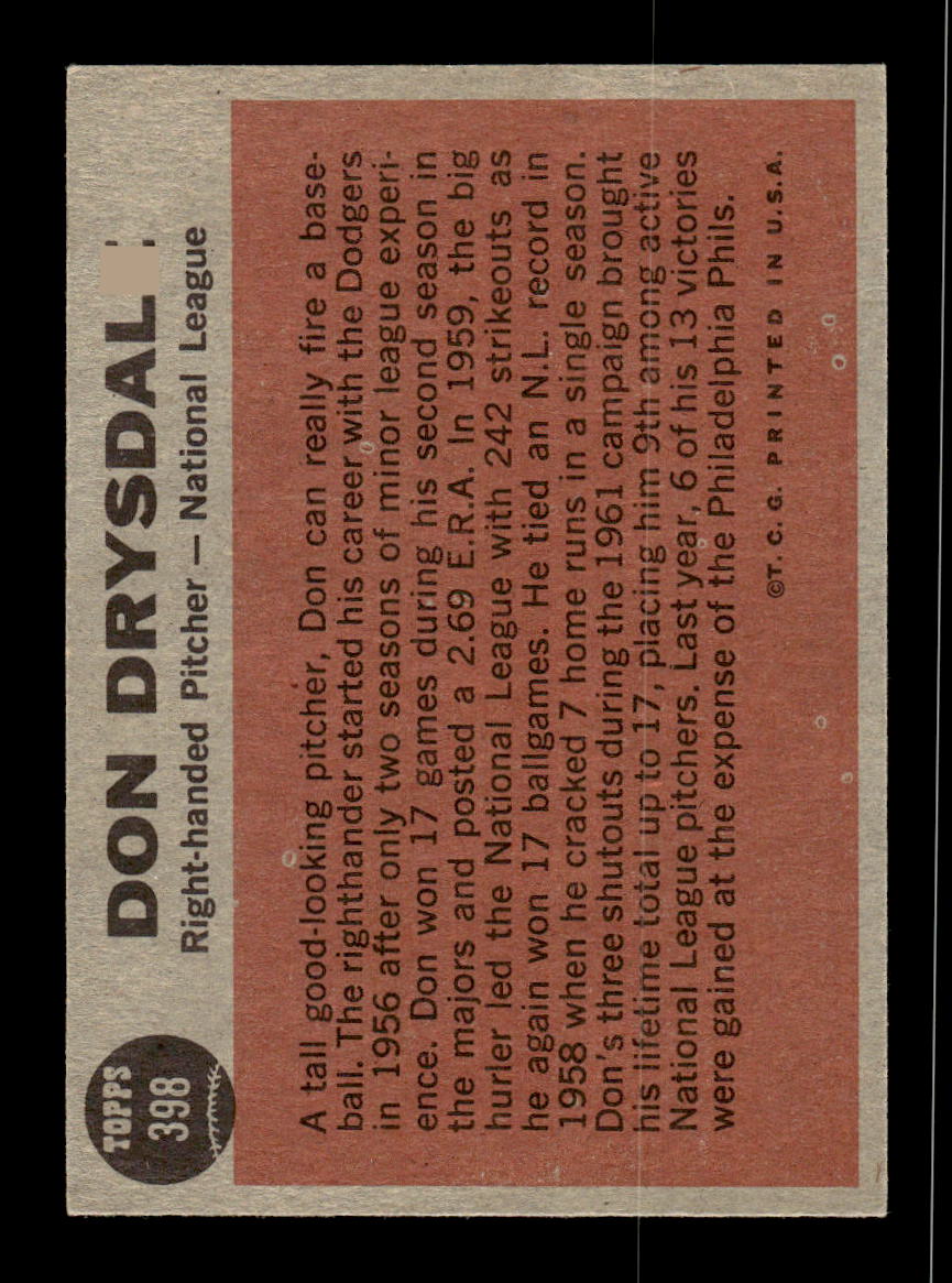 1962 Topps #398 Don Drysdale Near Mint or Better HOF-10002275