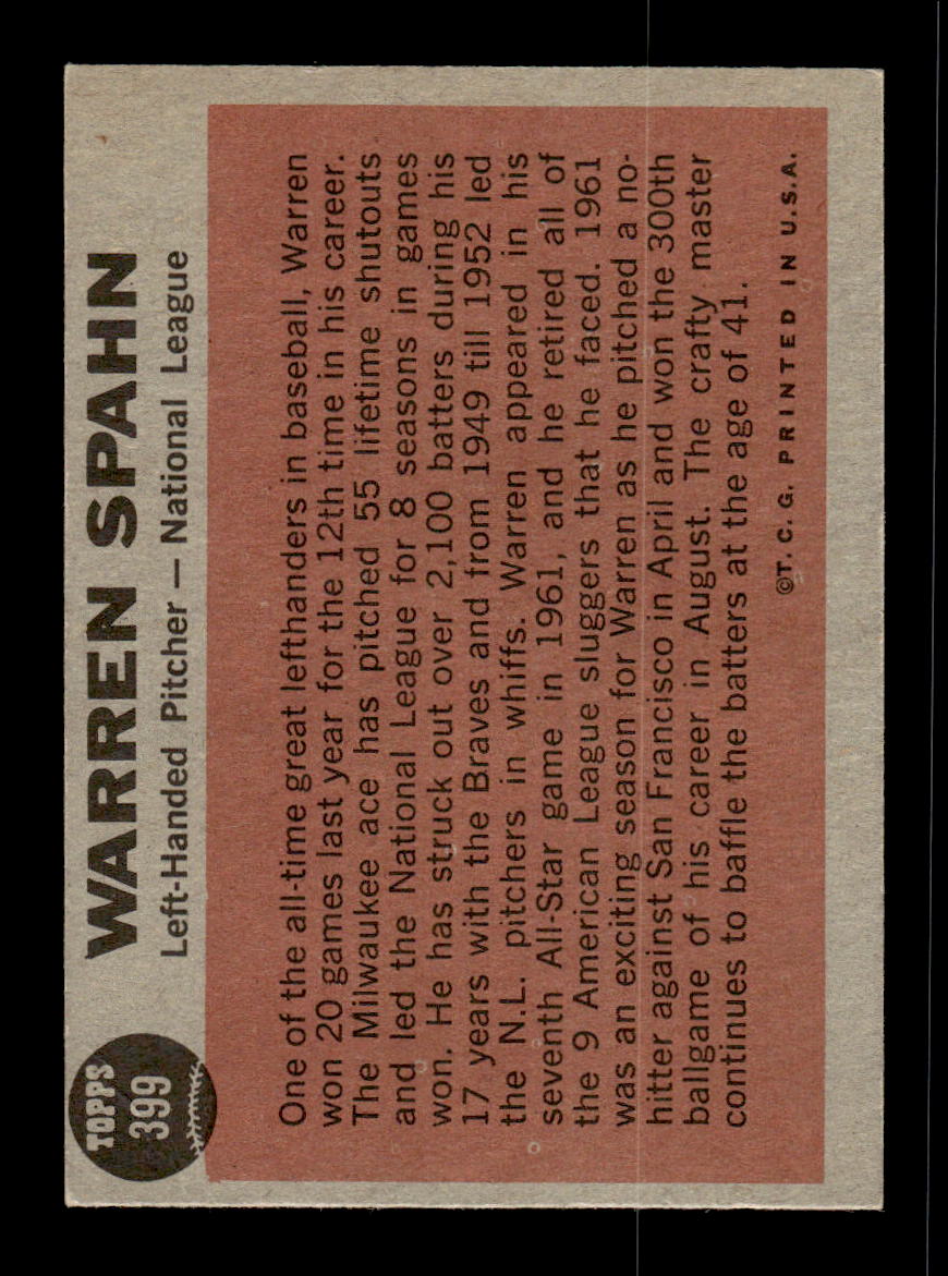 1962 Topps #399 Warren Spahn Near Mint or Better HOF-10002277
