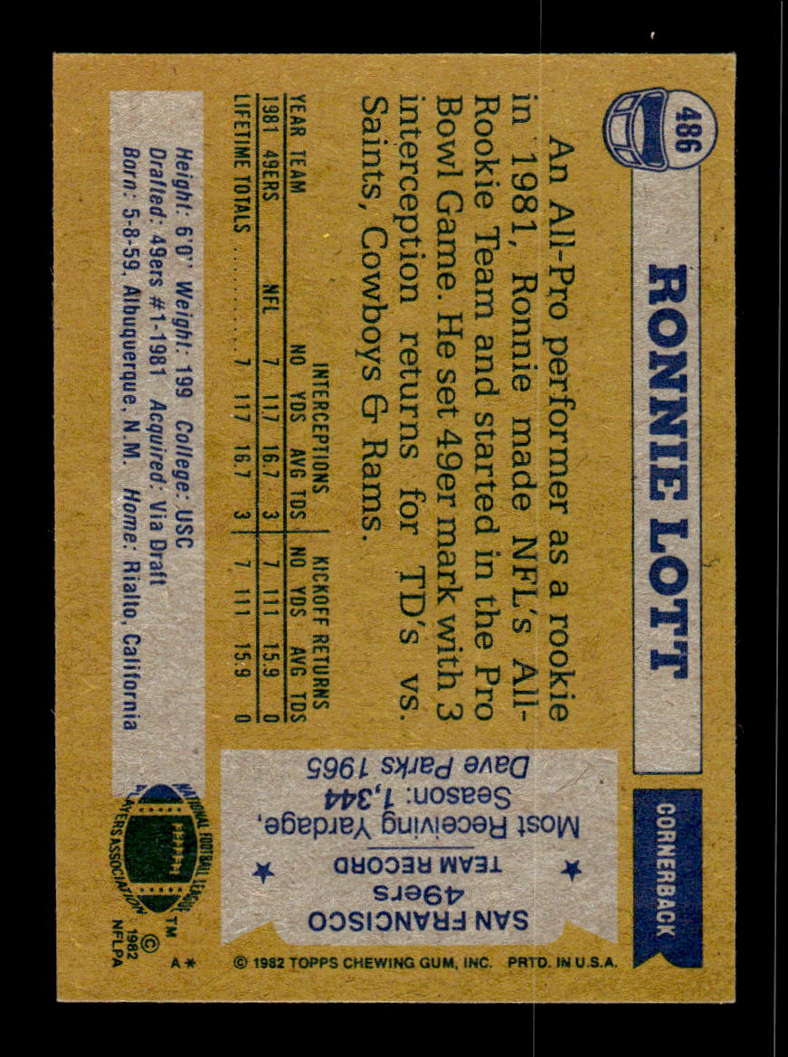 1982 Topps #486 Ronnie Lott Near Mint or Better HOF-10002291