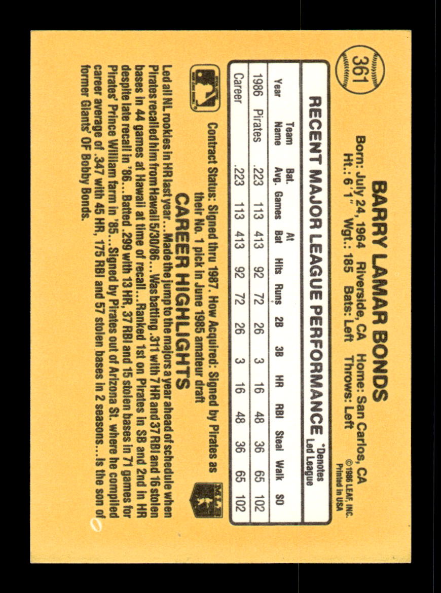 1987 Donruss #361 Barry Bonds Near Mint or Better HOF-10002292