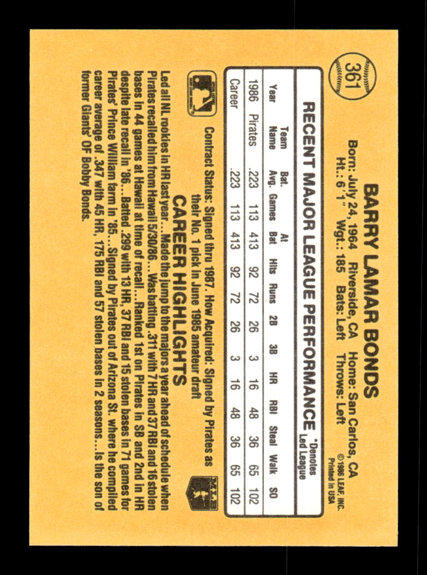 1987 Donruss #361 Barry Bonds Near Mint or Better HOF-10002293