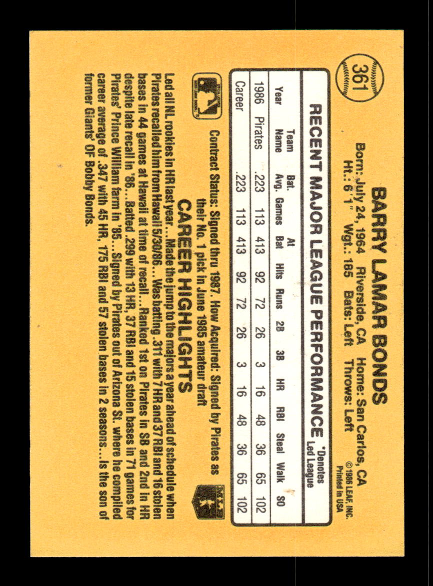 1987 Donruss #361 Barry Bonds Near Mint or Better HOF-10002295