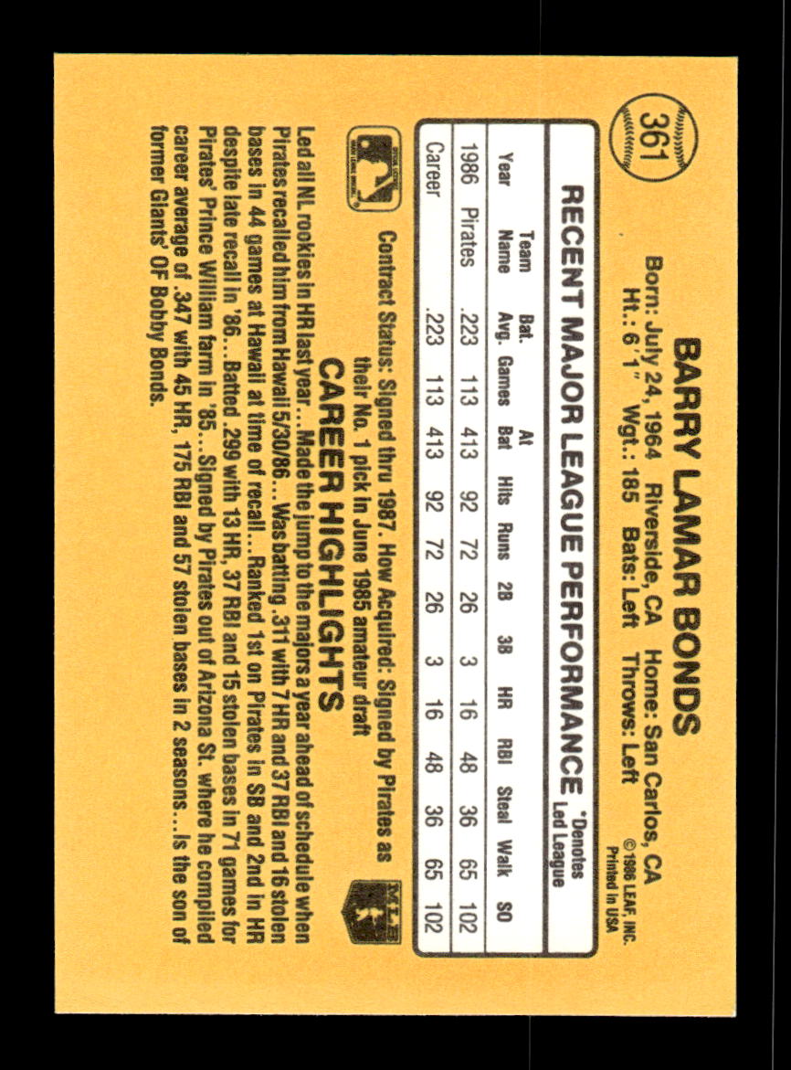 1987 Donruss #361 Barry Bonds Near Mint or Better HOF-10002296