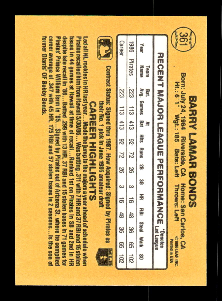 1987 Donruss #361 Barry Bonds Near Mint or Better HOF-10002298