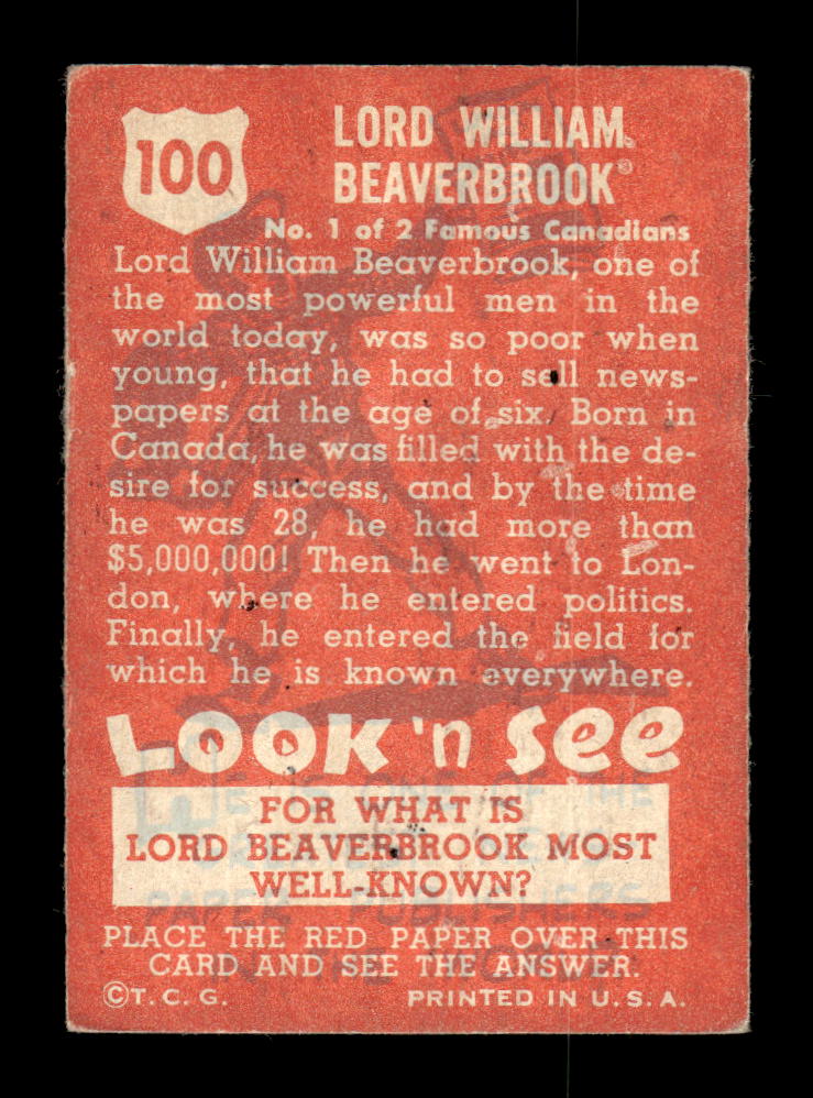 1952 Topps Look 'n See (R714-16) #100 Lord Beaverbrook Excellent HOF-10002327