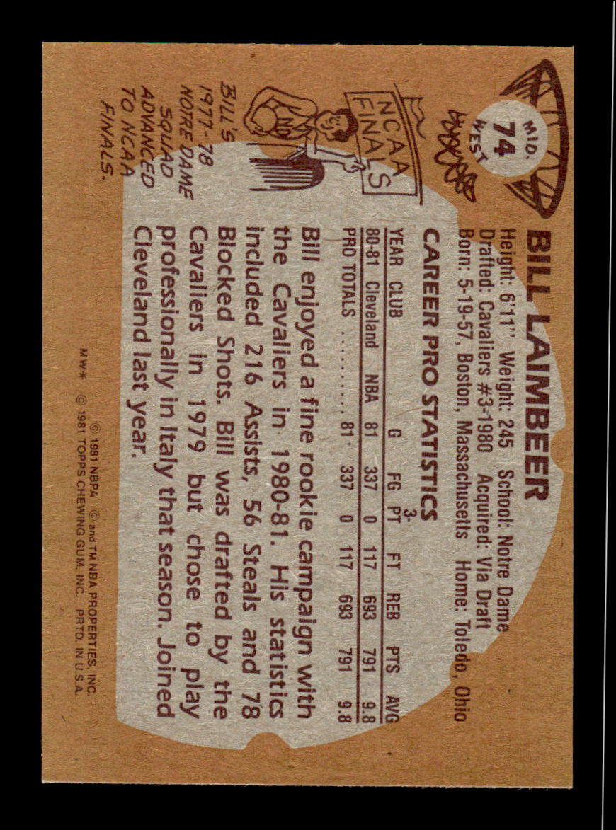 1981-82 Topps #MW74 Bill Laimbeer Excellent HOF-10002337