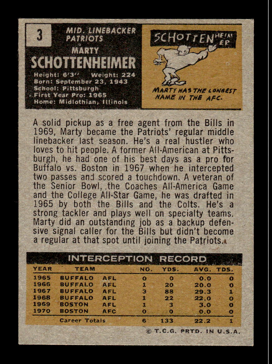 1971 Topps #3 Marty Schottenheimer Excellent HOF-10002338