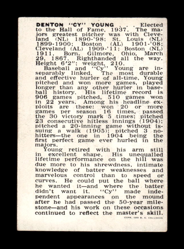 1950-56 Callahan Hall of Fame #NNO Cy Young Excellent HOF-10002349