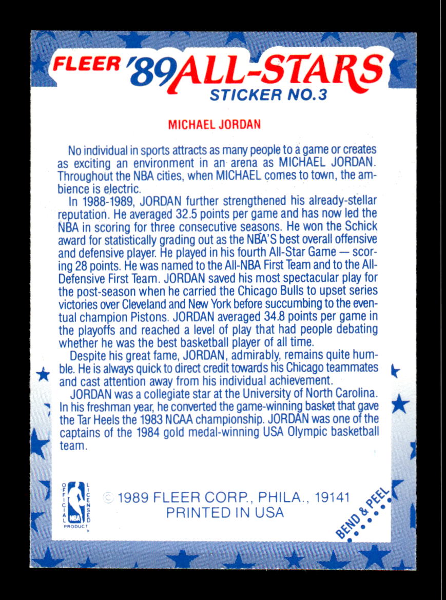 1989-90 Fleer #3 Michael Jordan Stickers Near Mint or Better HOF-10002359