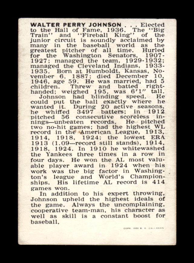 1950-56 Callahan Hall of Fame #NNO Walter Johnson Excellent HOF-10002379