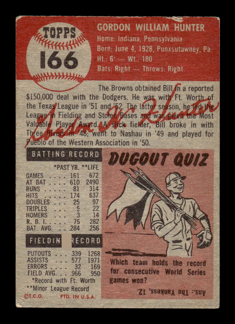 1953 Topps #166 Billy Hunter Very Good HOF-10002396