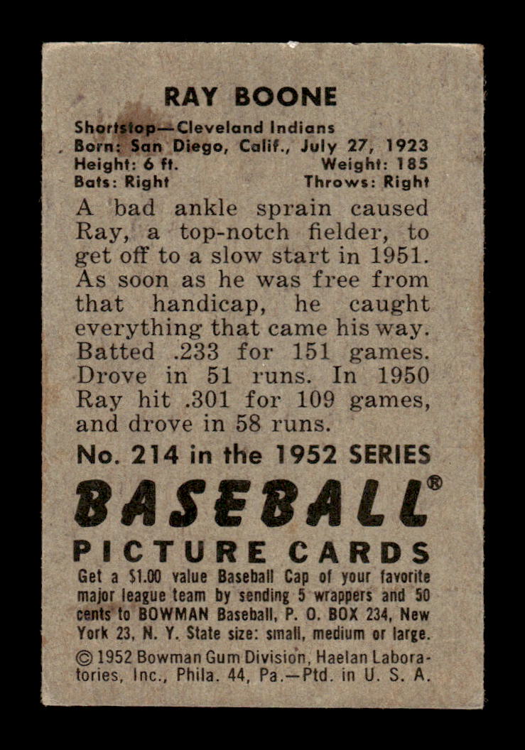 1952 Bowman #214 Ray Boone Very Good HOF-10002431