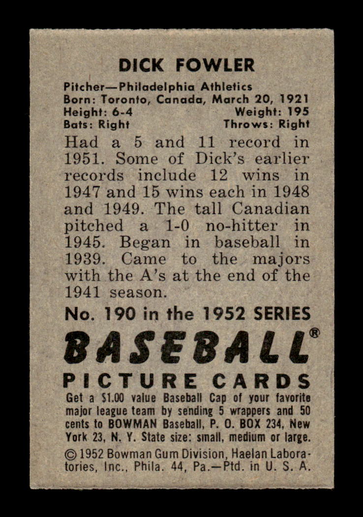 1952 Bowman #190 Dick Fowler Very Good HOF-10002440