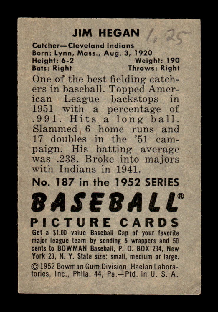 1952 Bowman #187 Jim Hegan Very Good HOF-10002441