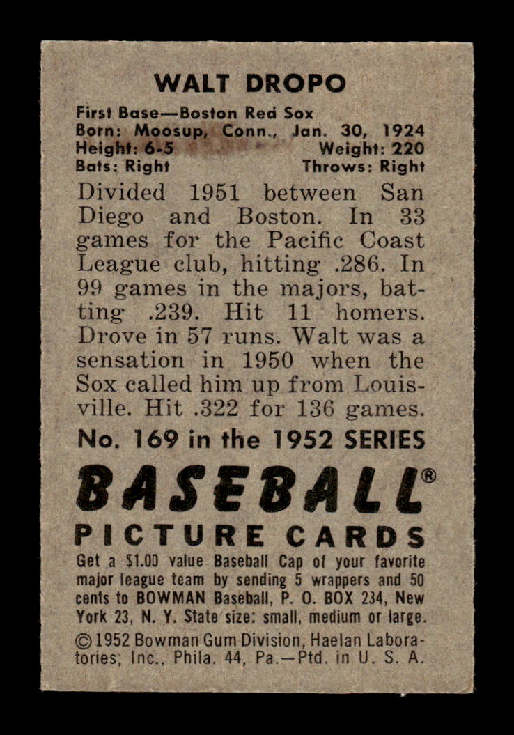 1952 Bowman #169 Walt Dropo Very Good HOF-10002443