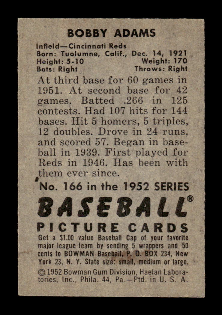 1952 Bowman #166 Bobby Adams Very Good HOF-10002444