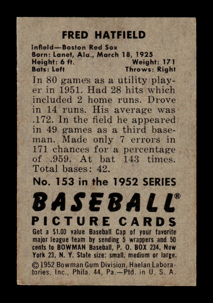 1952 Bowman #153 Fred Hatfield Very Good HOF-10002447