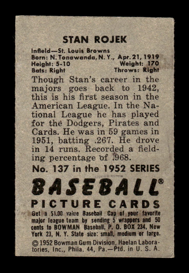 1952 Bowman #137 Stan Rojek Very Good HOF-10002449