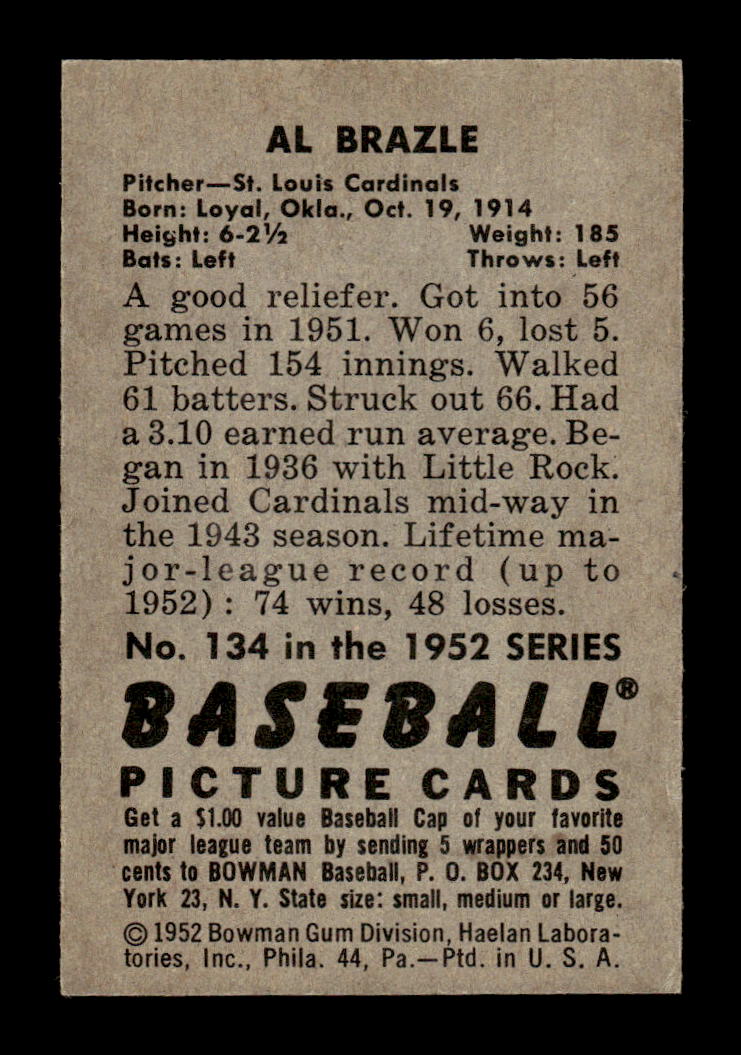 1952 Bowman #134 Al Brazle Very Good HOF-10002450