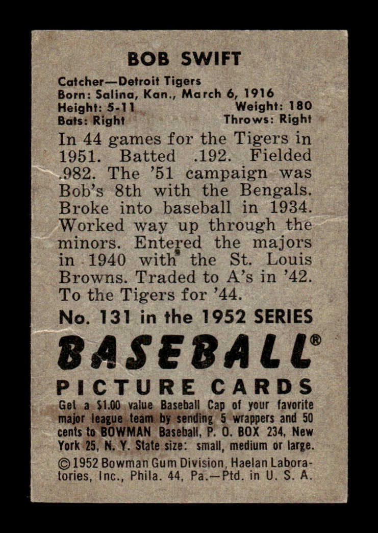 1952 Bowman #131 Bob Swift Very Good HOF-10002452