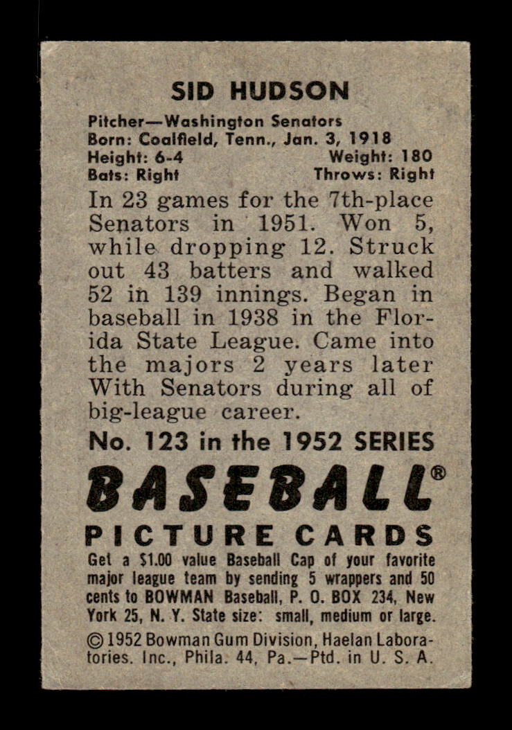 1952 Bowman #123 Sid Hudson Very Good HOF-10002454
