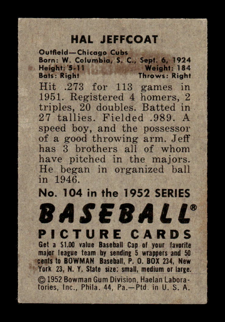 1952 Bowman #104 Hal Jeffcoat Very Good HOF-10002456