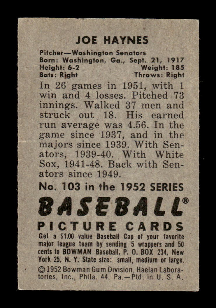 1952 Bowman #103 Joe Haynes Very Good HOF-10002457