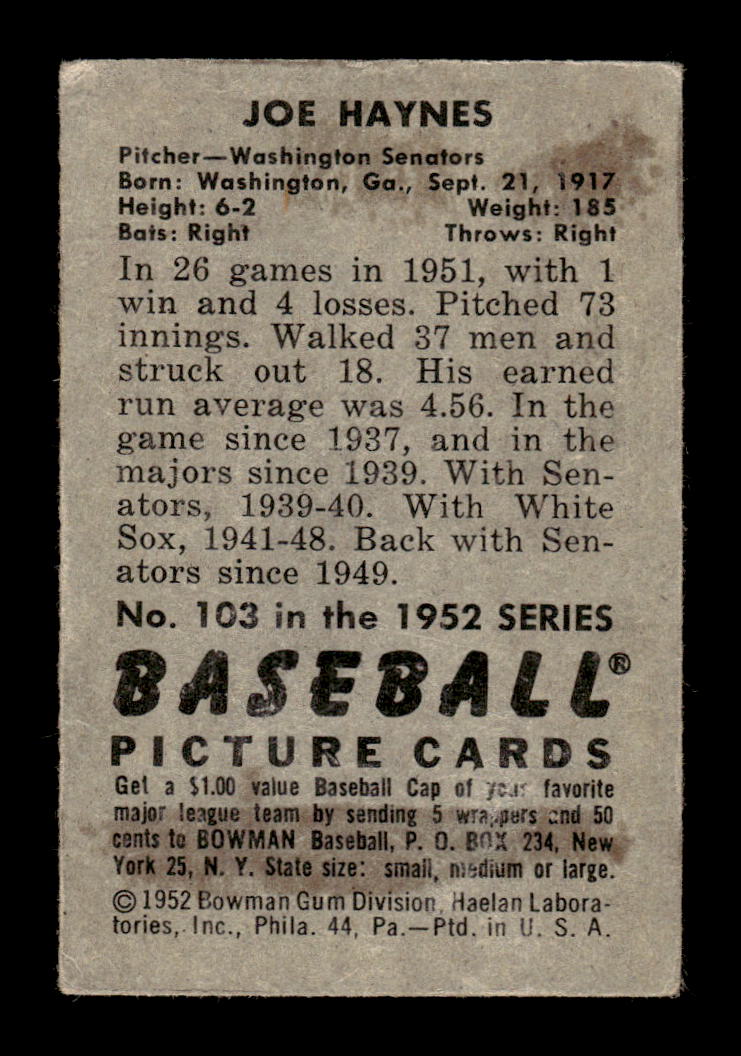 1952 Bowman #103 Joe Haynes Very Good HOF-10002458