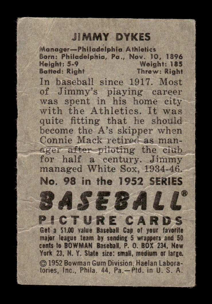 1952 Bowman #98 Jimmie Dykes Poor HOF-10002460