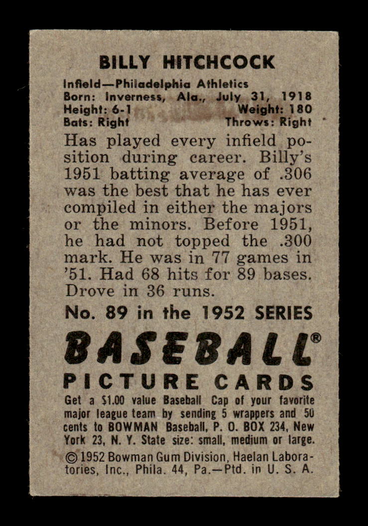 1952 Bowman #89 Billy Hitchcock Very Good HOF-10002462