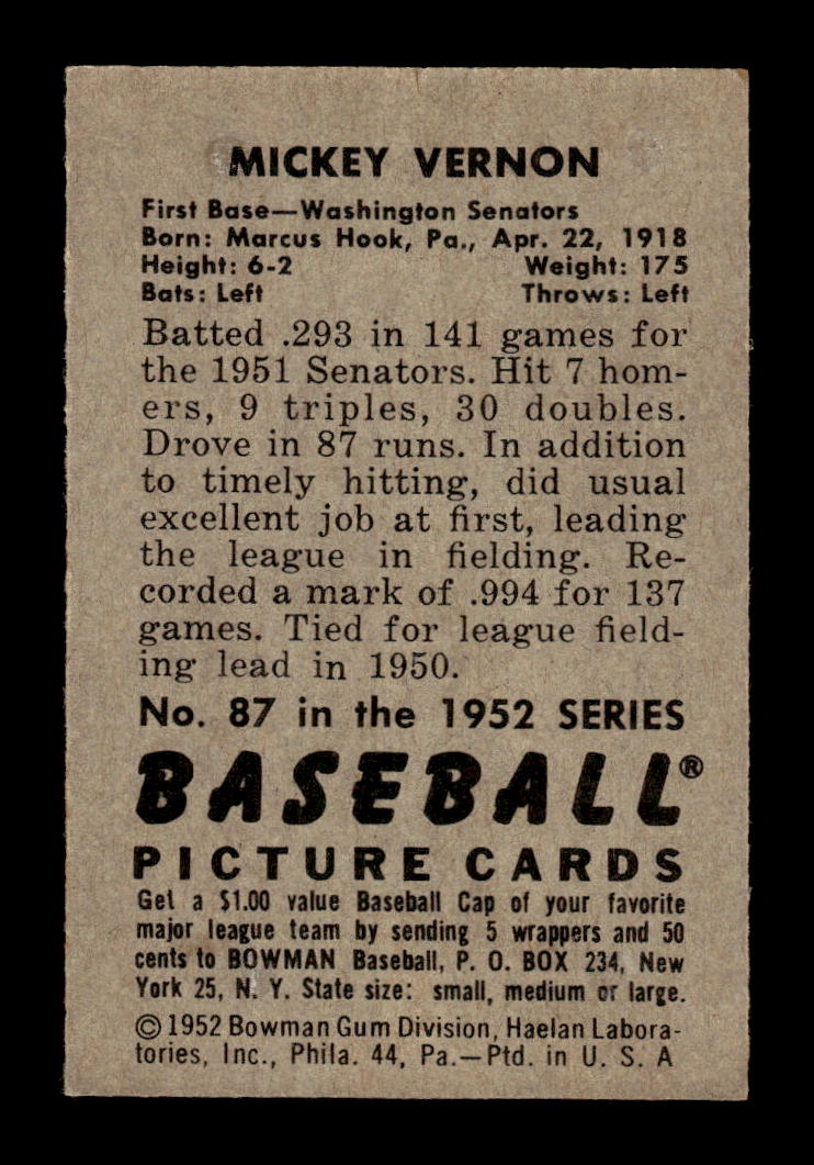 1952 Bowman #87 Mickey Vernon Very Good HOF-10002463
