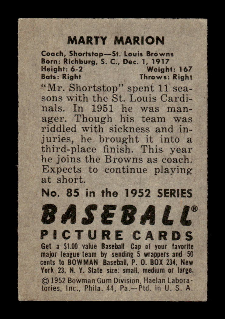 1952 Bowman #85 Marty Marion Very Good HOF-10002464