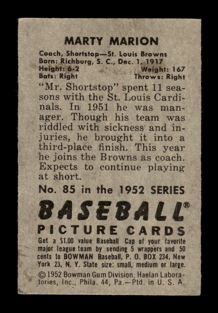 1952 Bowman #85 Marty Marion Very Good HOF-10002465