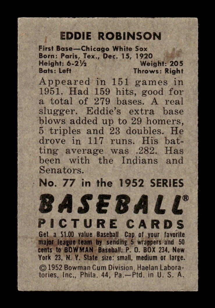 1952 Bowman #77 Eddie Robinson Very Good HOF-10002467