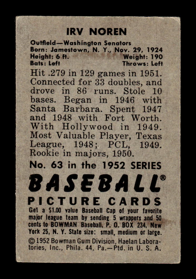 1952 Bowman #63 Irv Noren Very Good HOF-10002471