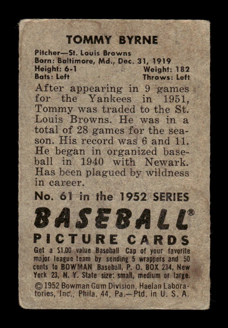1952 Bowman #61 Tommy Byrne Very Good HOF-10002473