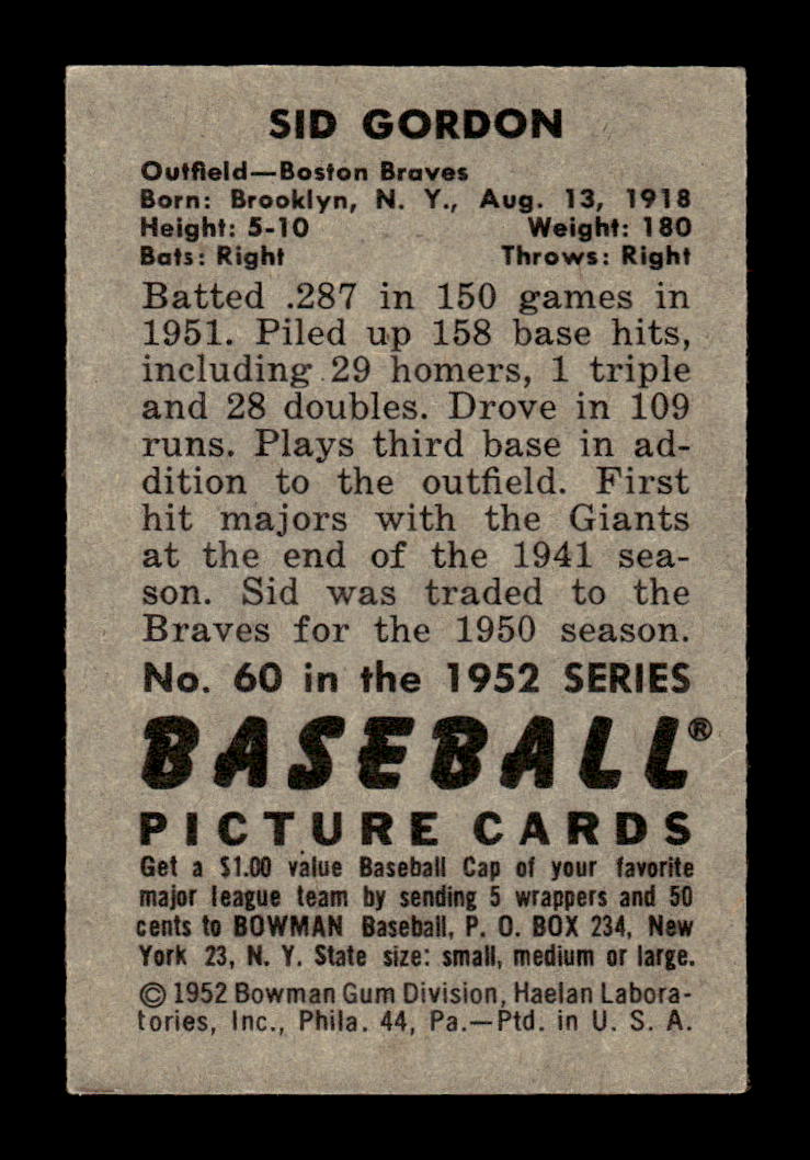 1952 Bowman #60 Sid Gordon Very Good HOF-10002474