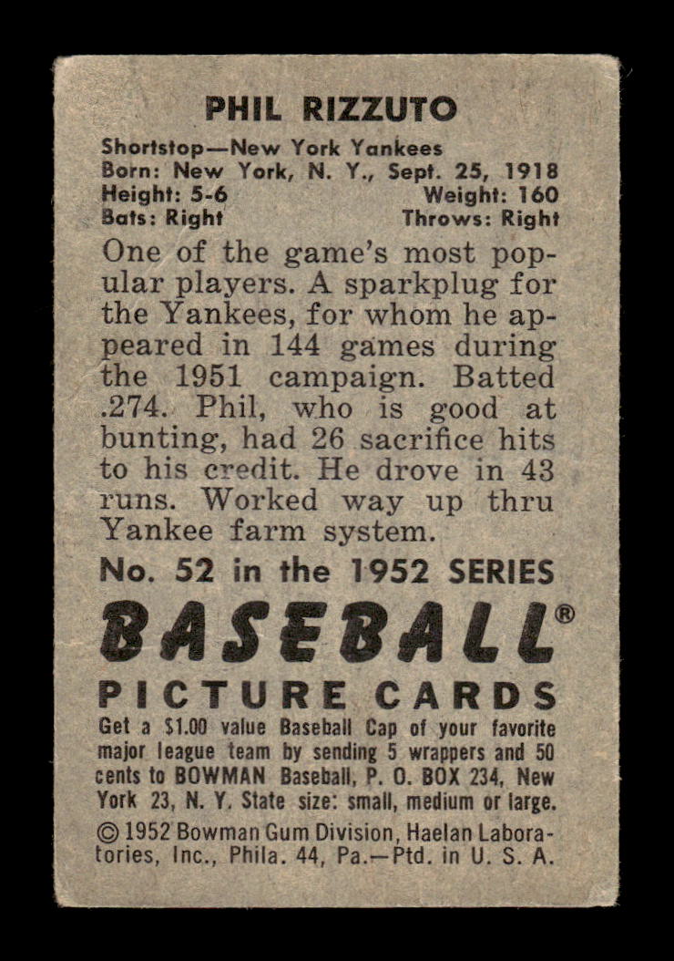 1952 Bowman #52 Phil Rizzuto Very Good crease HOF-10002477