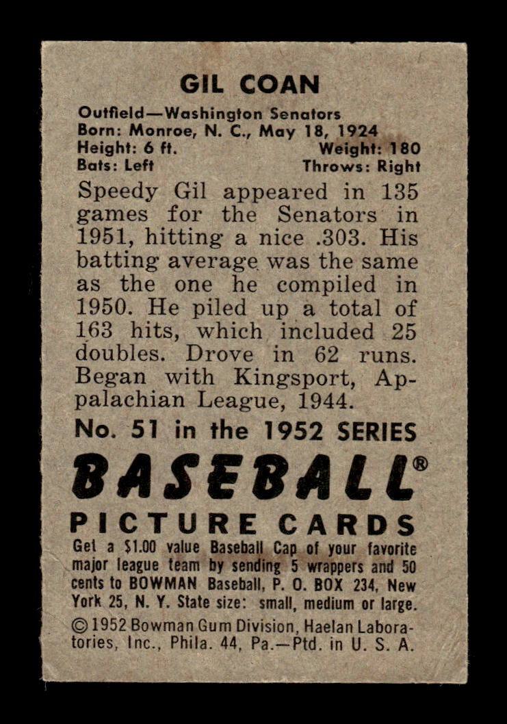 1952 Bowman #51 Gil Coan Very Good HOF-10002478