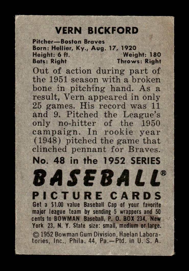 1952 Bowman #48 Vern Bickford Excellent HOF-10002480