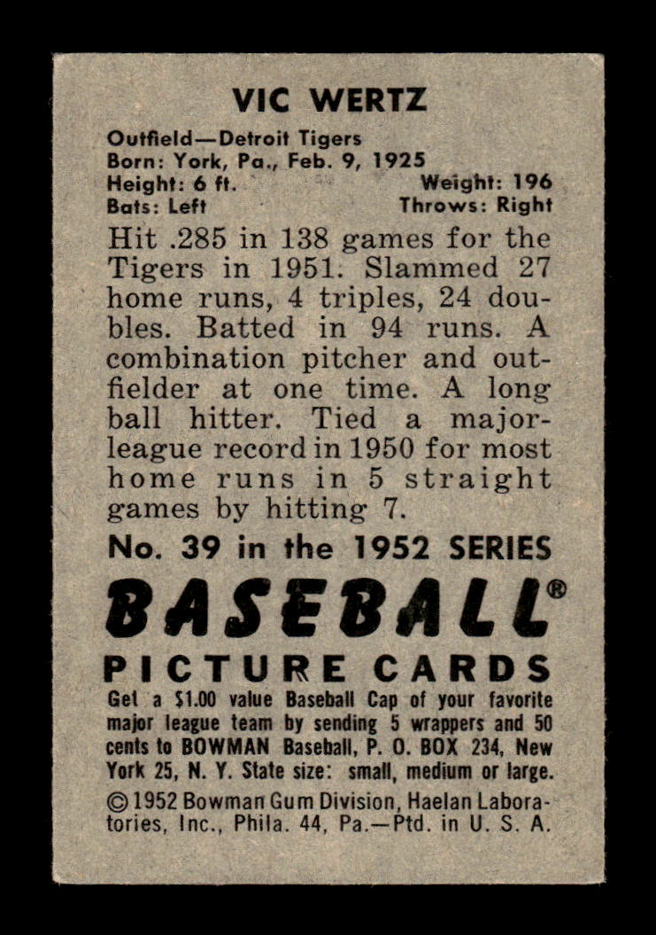 1952 Bowman #39 Vic Wertz Very Good HOF-10002483