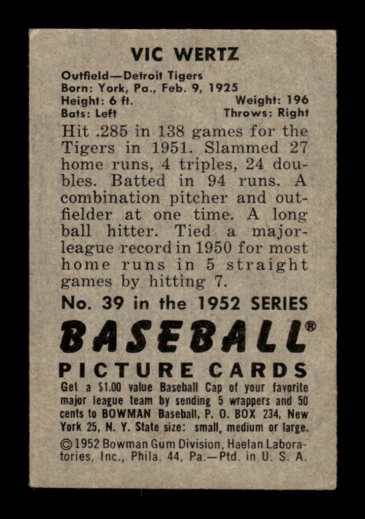 1952 Bowman #39 Vic Wertz Very Good HOF-10002484