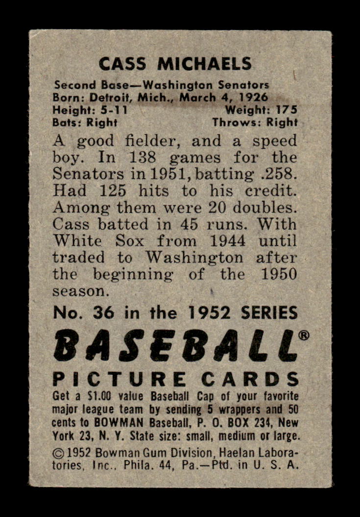 1952 Bowman #36 Cass Michaels Very Good HOF-10002485