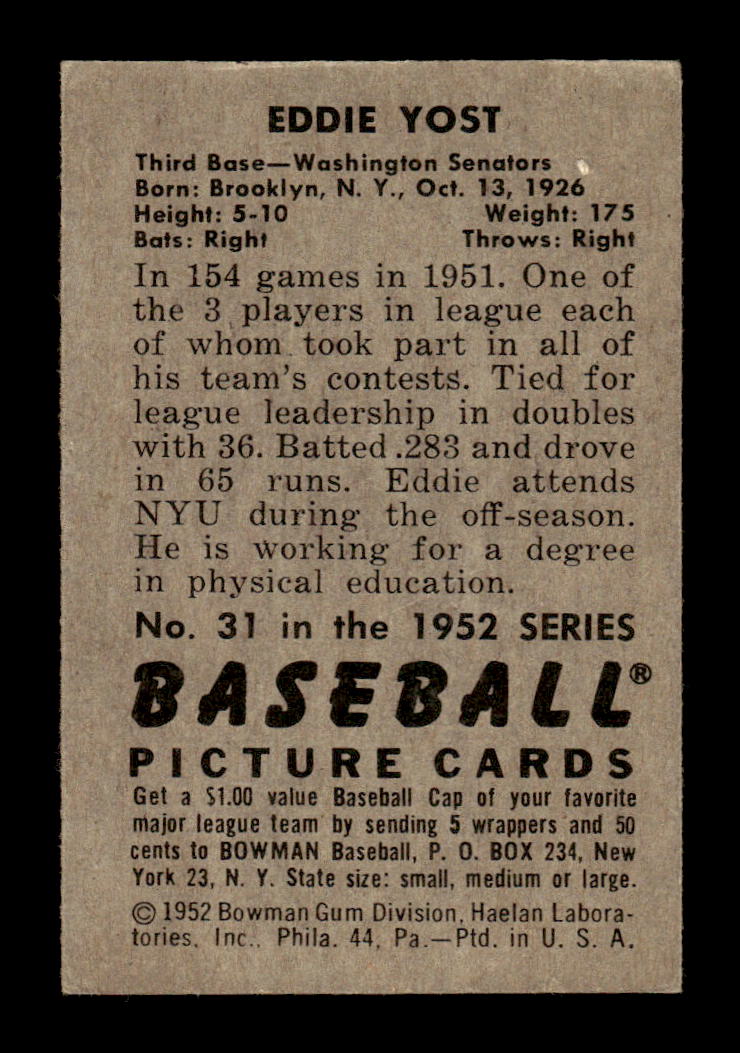 1952 Bowman #31 Eddie Yost Very Good HOF-10002486