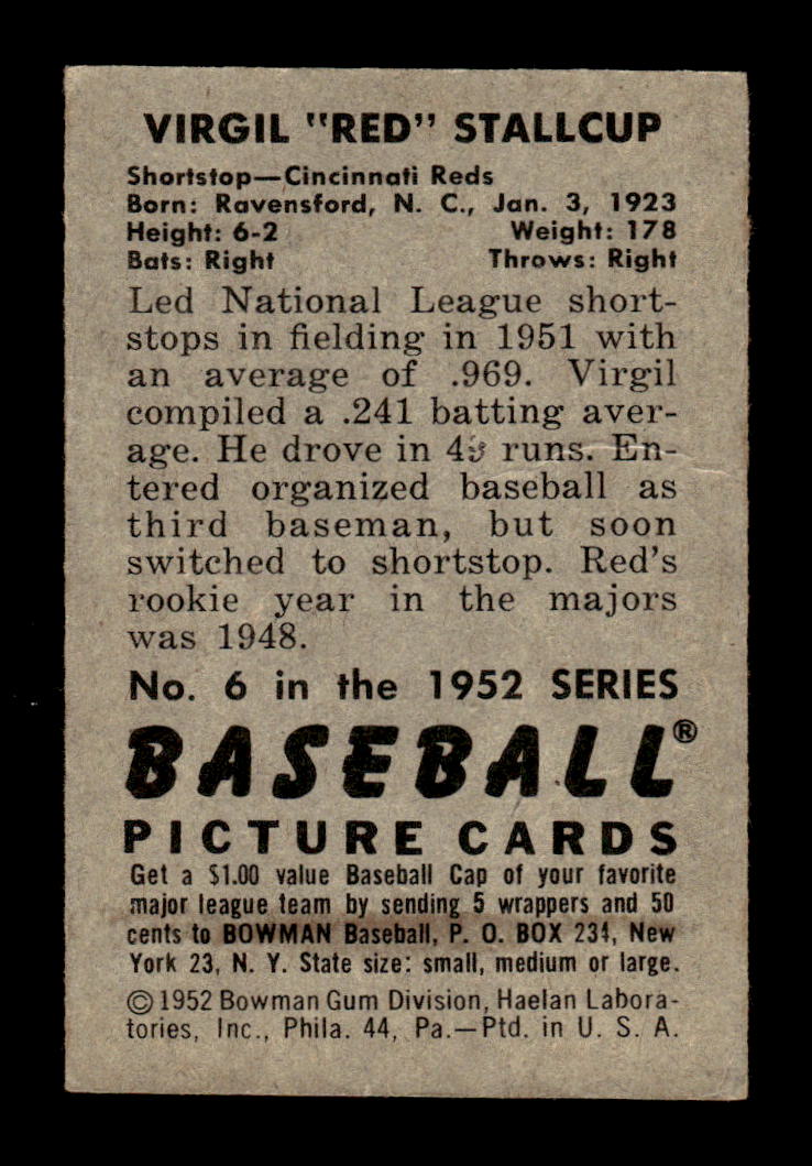 1952 Bowman #6 Virgil Stallcup Very Good HOF-10002493