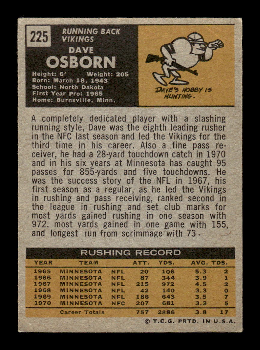 1971 Topps #225 Dave Osborn Very Good HOF-10002533