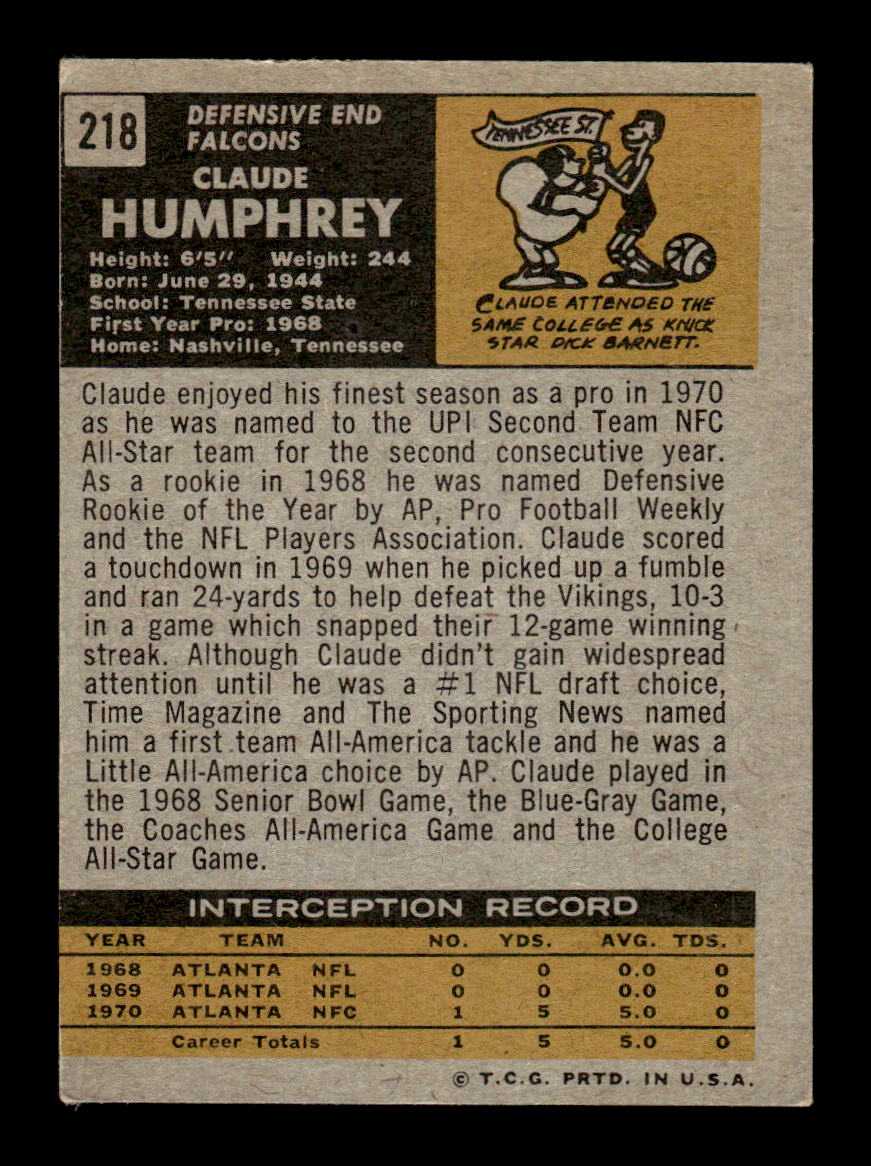 1971 Topps #218 Claude Humphrey Very Good HOF-10002550